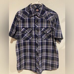 Dickies Men's Navy and White Plaid Button Down Shirt